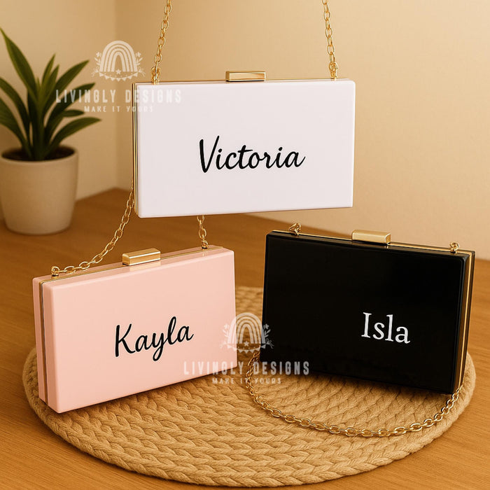 Personalized Acrylic Box Clutch: Custom Embroidered Name Wedding Purse