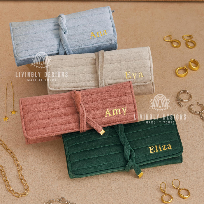 Personalized Velvet Jewelry Roll Custom Travel Organizer