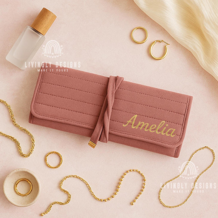 Personalized Velvet Jewelry Roll Custom Travel Organizer