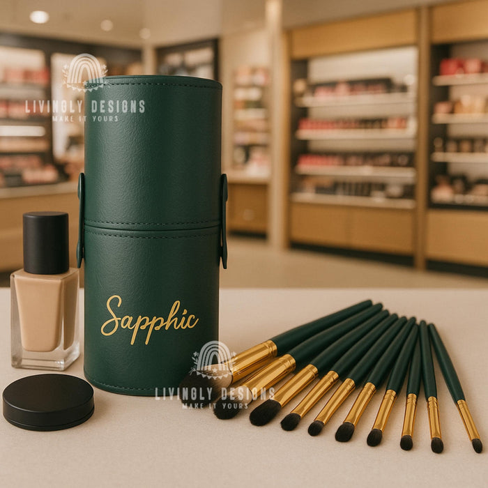 Personalized PU Leather Makeup Brush Holder: Embroidered Travel Pen Cup