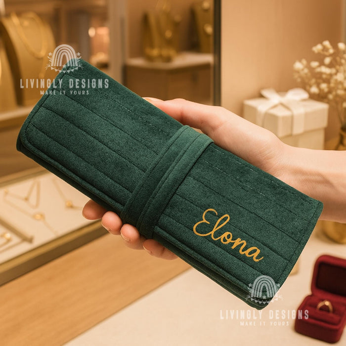 Personalized Luxury Velvet Jewelry Roll: Travel Organizer for Women, Custom Jewelry Bag, Bridesmaid Gift, Portable Jewelry Storage