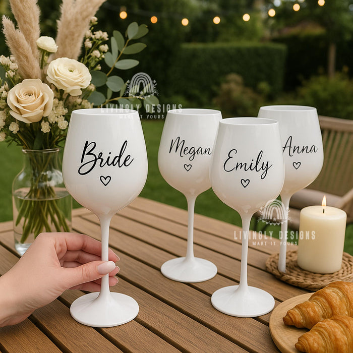 Personalized White Plastic Wine Glass: Custom Embroidered Name, Bachelorette Party Favor