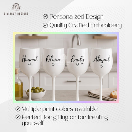 Personalized White Plastic Wine Glass: Custom Embroidered Name, Bachelorette Party Favor