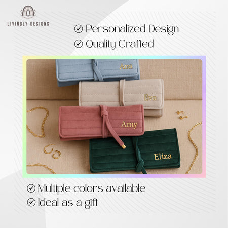 Personalized Luxury Velvet Jewelry Roll: Travel Organizer for Women, Custom Jewelry Bag, Bridesmaid Gift, Portable Jewelry Storage