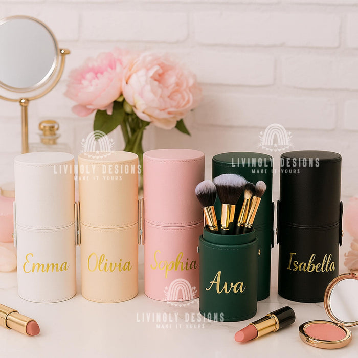 Personalized PU Leather Makeup Brush Holder: Embroidered Travel Pen Cup
