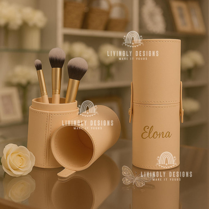 Personalized PU Leather Makeup Brush Holder: Embroidered Travel Pen Cup