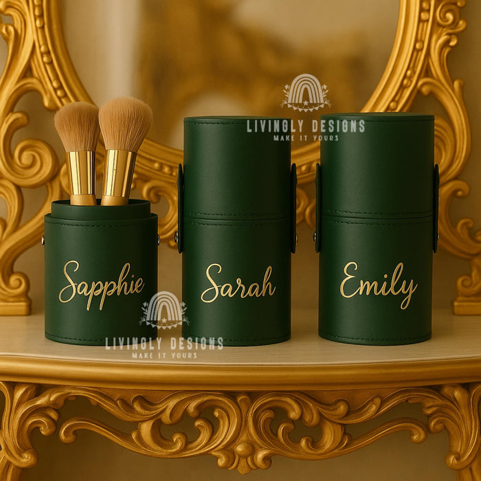 Personalized PU Leather Makeup Brush Holder: Embroidered Travel Pen Cup