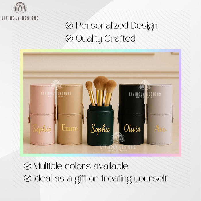 Personalized PU Leather Makeup Brush Holder: Embroidered Travel Pen Cup
