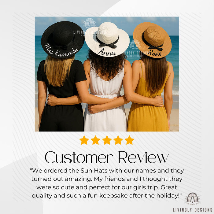 Custom Bridesmaid Sun Hat: Embroidered Wide Brim Straw Hat for Weddings & Beach Trips