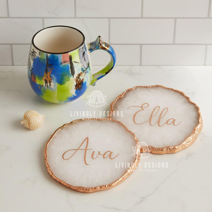 Personalized Resin Agate Coasters: Metallic Rim, Custom Wedding Decor