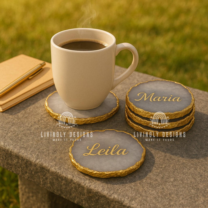 Personalized Resin Agate Coasters: Metallic Rim, Custom Wedding Decor