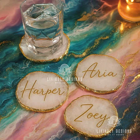 Personalized Resin Agate Coasters: Metallic Rim, Custom Wedding Decor