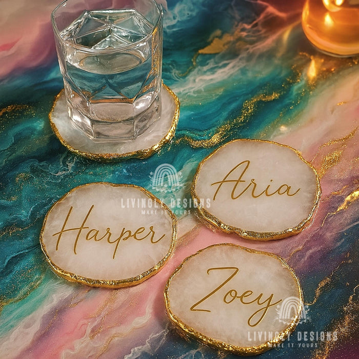 Personalized Resin Agate Coasters: Metallic Rim, Custom Wedding Decor