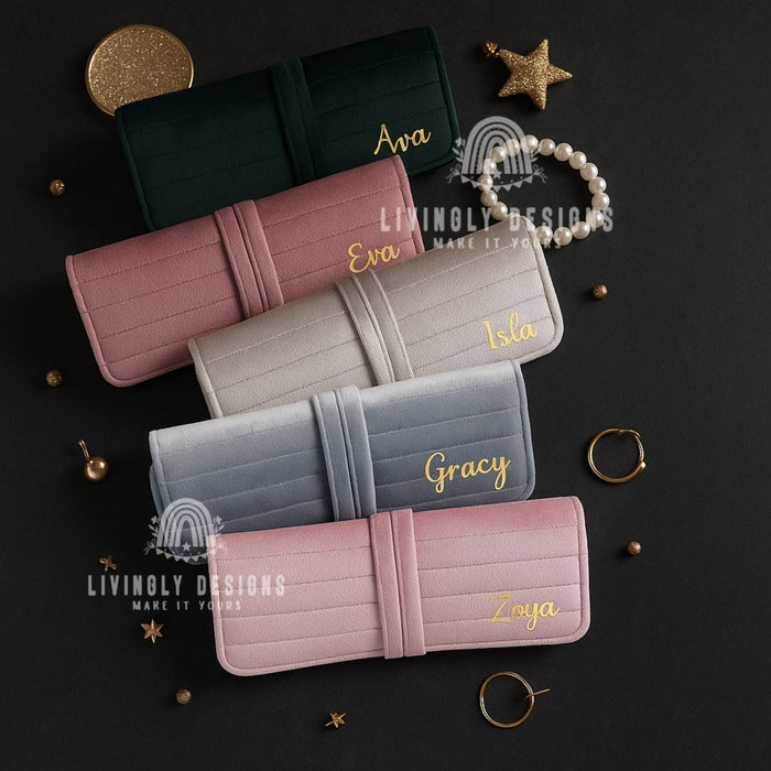 Personalized Luxury Velvet Jewelry Roll: Travel Organizer for Women, Custom Jewelry Bag, Bridesmaid Gift, Portable Jewelry Storage