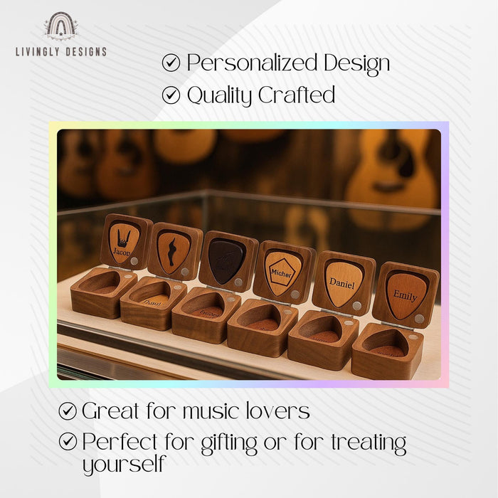 Personalized Walnut Guitar Pick Set: Engraved Magnetic Box, Musician Gift