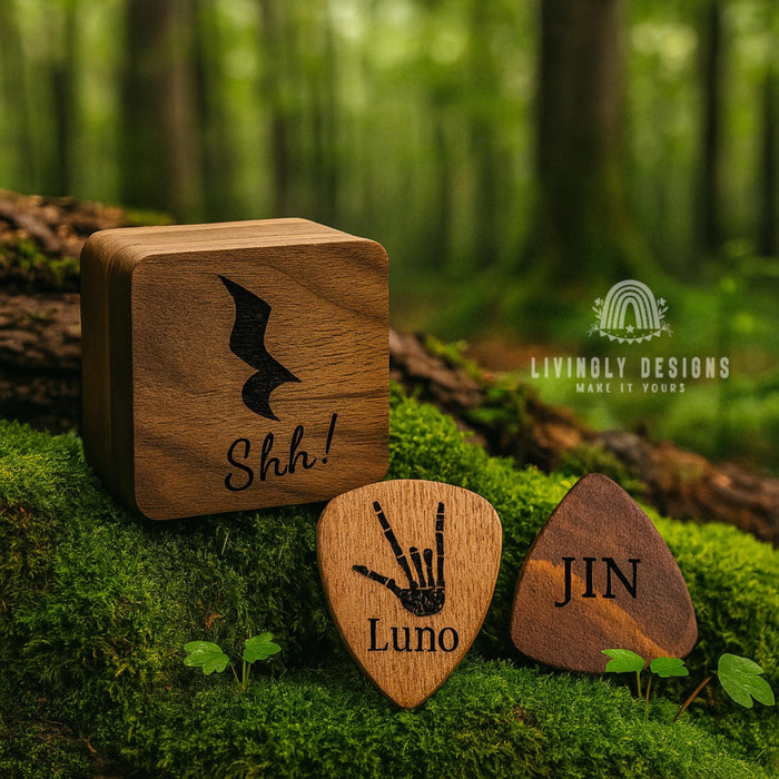 Personalized Walnut Guitar Pick Set: Engraved Magnetic Box, Musician Gift