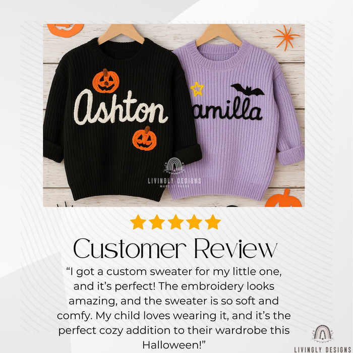 Personalized Hand-Embroidered Halloween Sweater: Ghost, Pumpkin, Witch