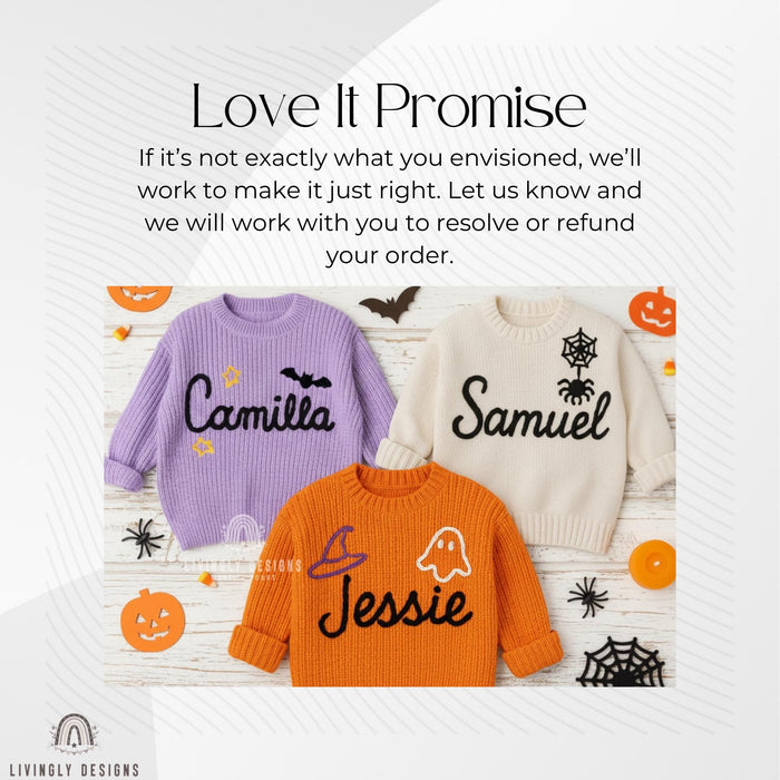 Personalized Hand-Embroidered Halloween Sweater: Ghost, Pumpkin, Witch