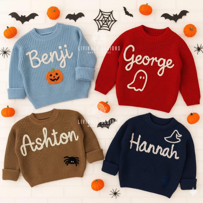 Personalized Hand-Embroidered Halloween Sweater: Ghost, Pumpkin, Witch