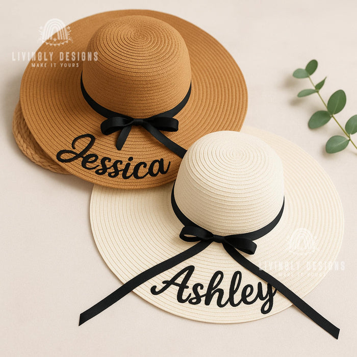 Custom Bridesmaid Sun Hat: Embroidered Wide Brim Straw Hat for Weddings & Beach Trips