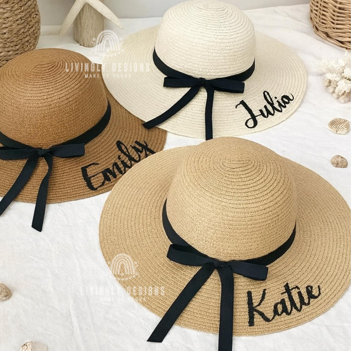 Custom Bridesmaid Sun Hat: Embroidered Wide Brim Straw Hat for Weddings & Beach Trips
