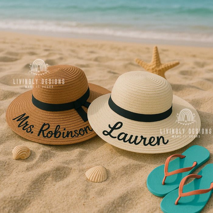 Custom Bridesmaid Sun Hat: Embroidered Wide Brim Straw Hat for Weddings & Beach Trips