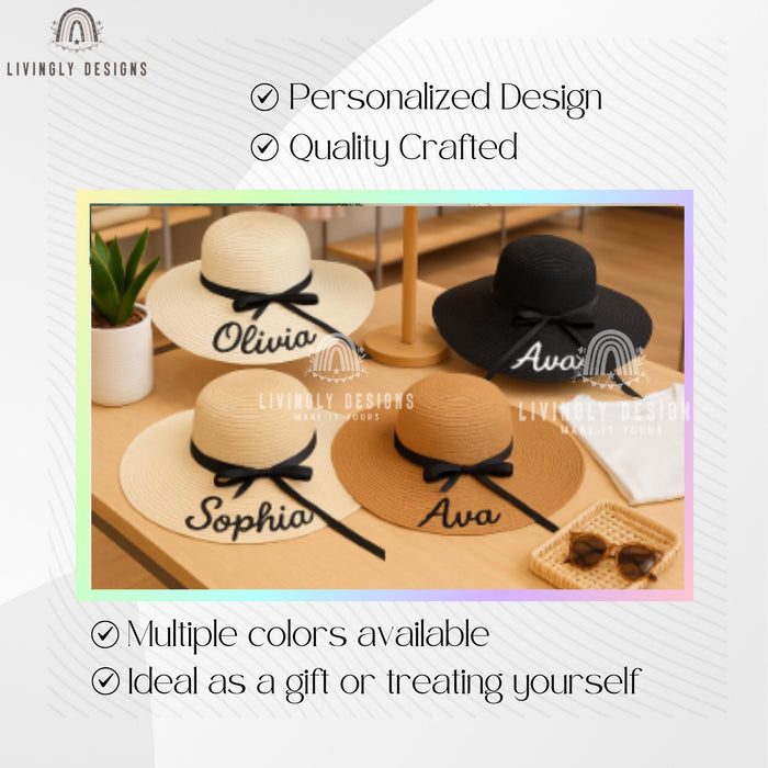 Custom Bridesmaid Sun Hat: Embroidered Wide Brim Straw Hat for Weddings & Beach Trips
