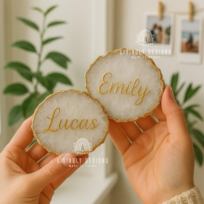 Personalized Resin Agate Coasters: Metallic Rim, Custom Wedding Decor