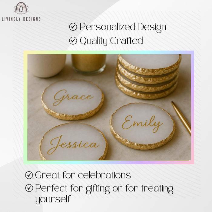 Personalized Resin Agate Coasters: Metallic Rim, Custom Wedding Decor