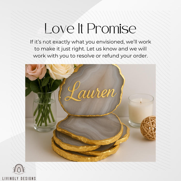 Personalized Resin Agate Coasters: Metallic Rim, Custom Wedding Decor