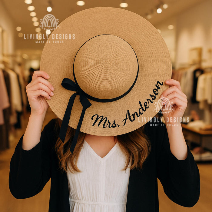 Custom Bridesmaid Sun Hat: Embroidered Wide Brim Straw Hat for Weddings & Beach Trips