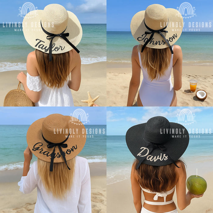 Custom Bridesmaid Sun Hat: Embroidered Wide Brim Straw Hat for Weddings & Beach Trips