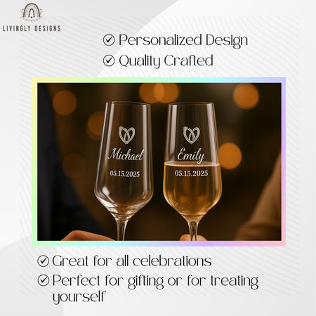 Custom Name Wedding Champagne Flutes – Personalized | Custom Engraved Glasses with Names | Bride & Groom Gift, Anniversary Engagement Toast