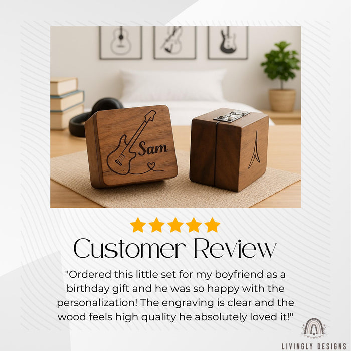 Personalized Walnut Guitar Pick Set: Engraved Magnetic Box, Musician Gift