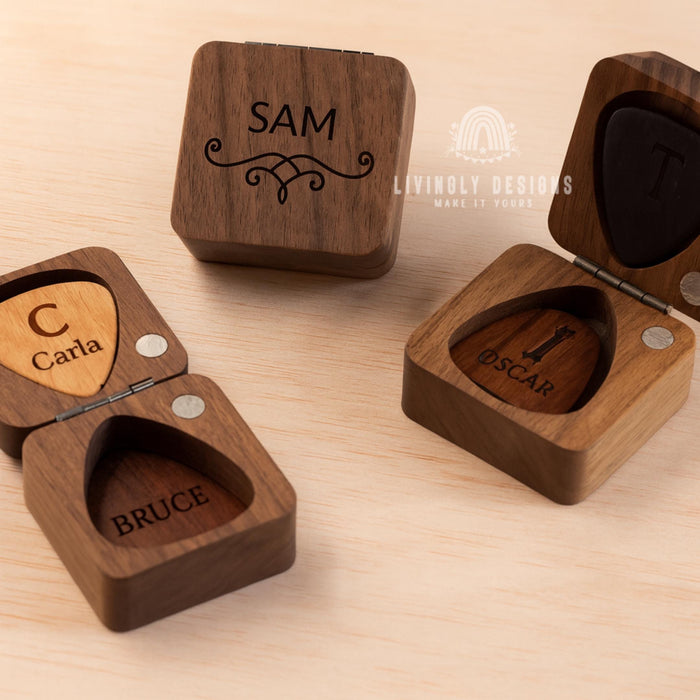 Personalized Walnut Guitar Pick Set: Engraved Magnetic Box, Musician Gift