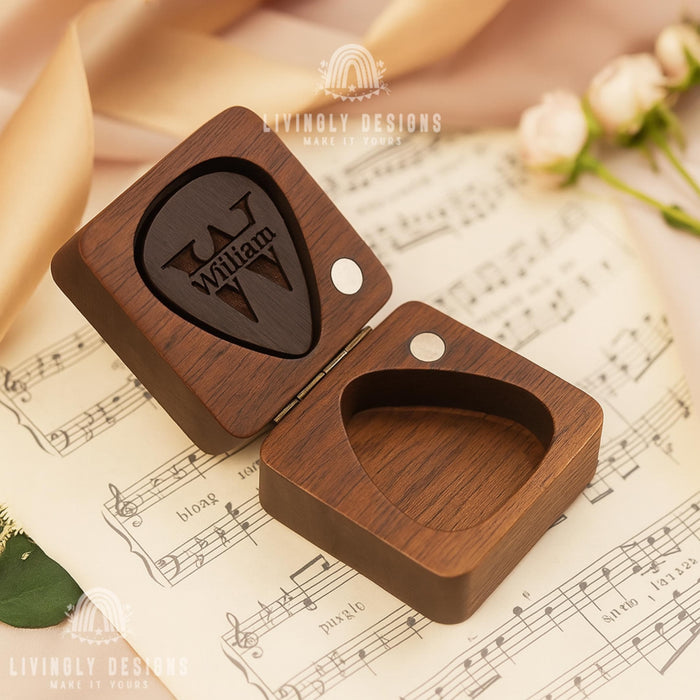 Personalized Walnut Guitar Pick Set: Engraved Magnetic Box, Musician Gift