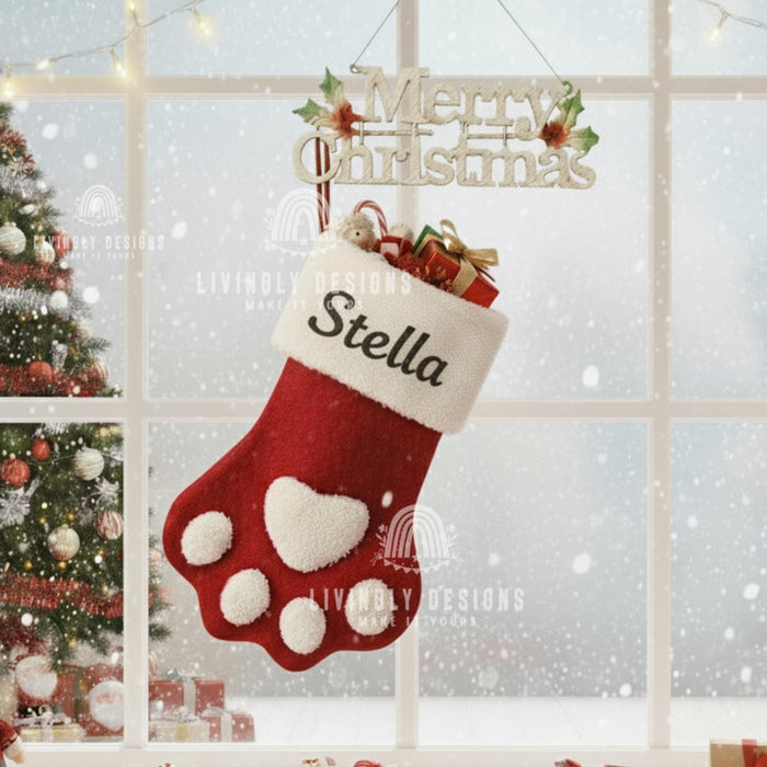 Custom Name Dog Christmas Stocking Paw Print
