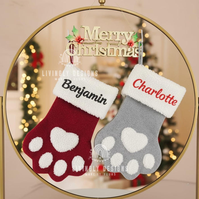 Custom Name Dog Christmas Stocking Paw Print