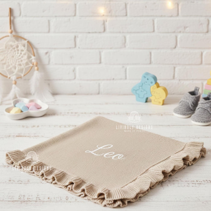 Personalized Embroidered Knit Baby Blanket with Soft Cotton Ruffle Edge