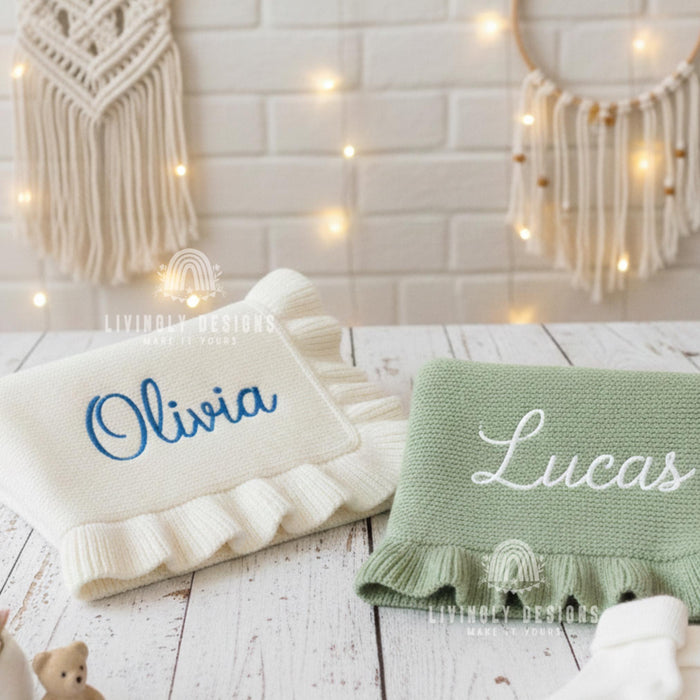 Personalized Embroidered Knit Baby Blanket with Soft Cotton Ruffle Edge