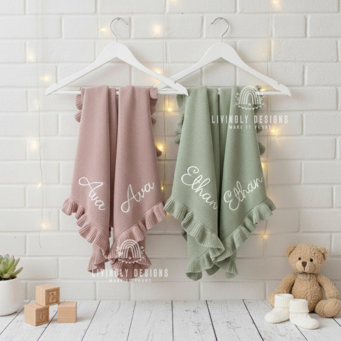 Personalized Embroidered Knit Baby Blanket with Soft Cotton Ruffle Edge