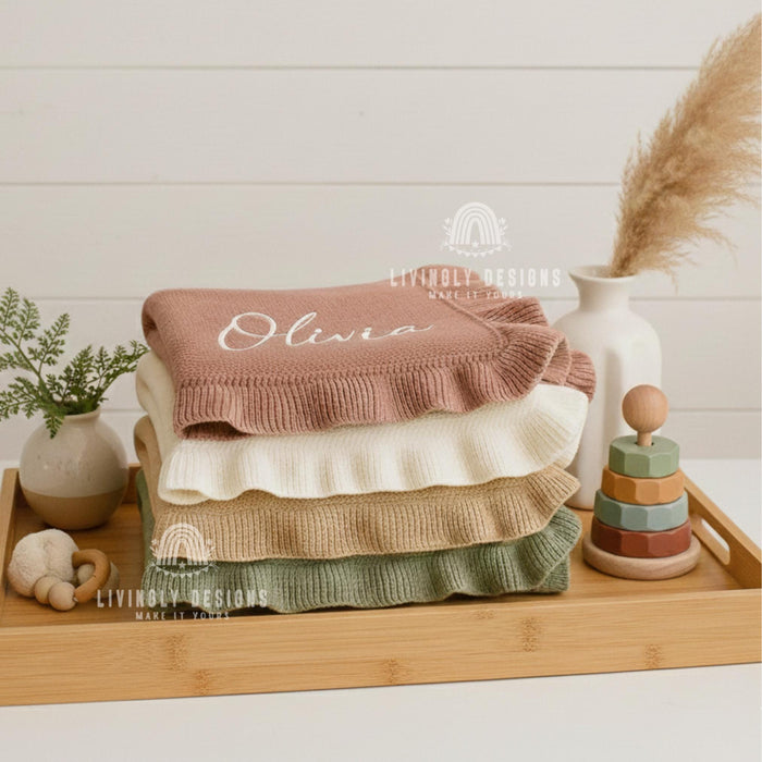 Personalized Embroidered Knit Baby Blanket with Soft Cotton Ruffle Edge