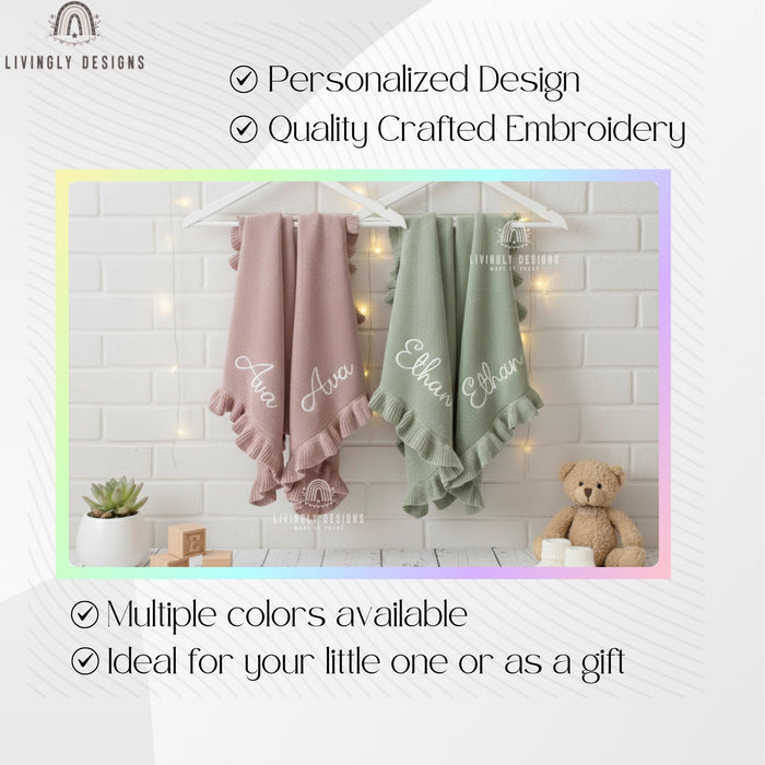 Personalized Embroidered Knit Baby Blanket with Soft Cotton Ruffle Edge