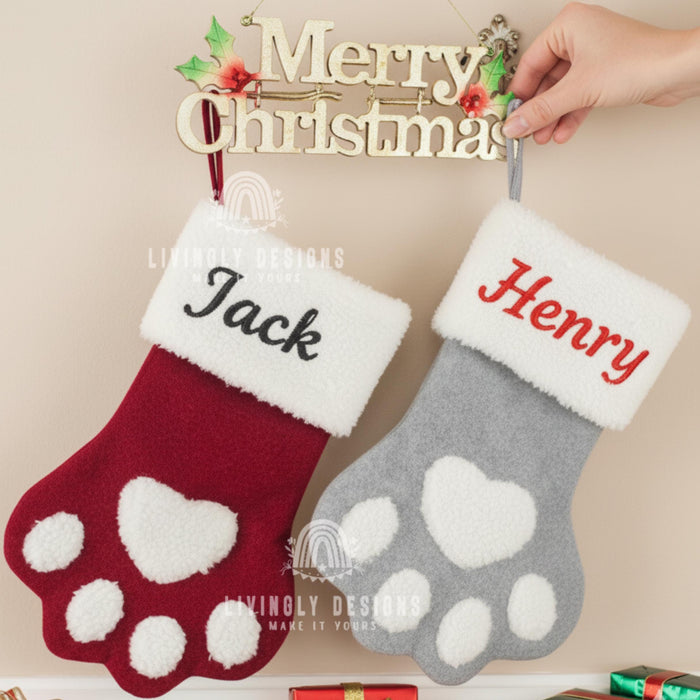 Custom Name Dog Christmas Stocking Paw Print