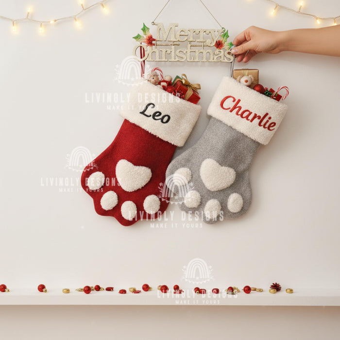 Custom Name Dog Christmas Stocking Paw Print