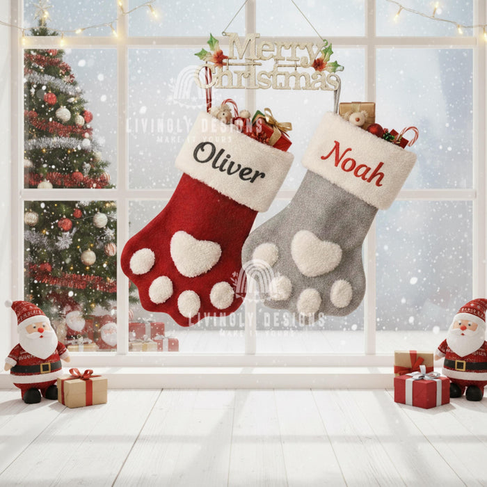 Custom Name Dog Christmas Stocking Paw Print