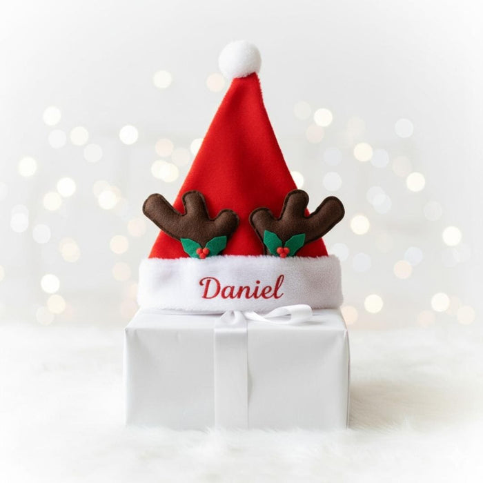 Custom Name Reindeer Christmas Hat with Antlers