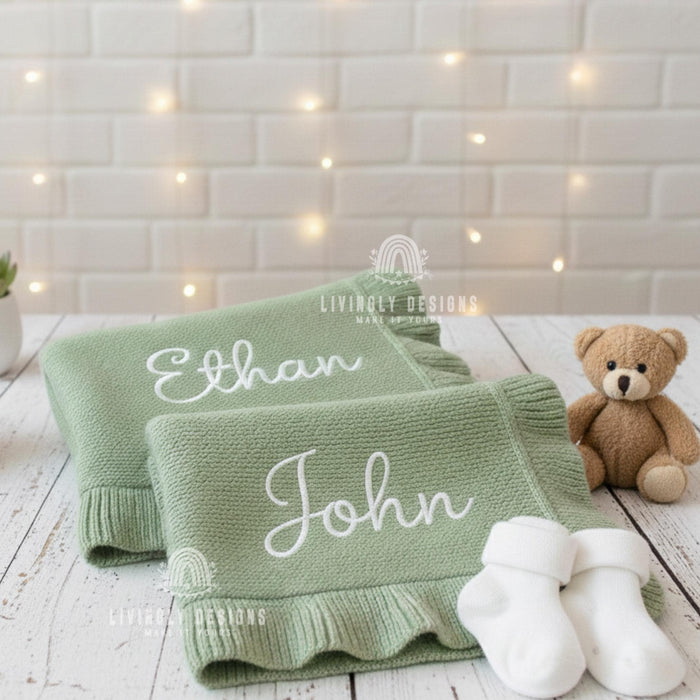 Personalized Embroidered Knit Baby Blanket with Soft Cotton Ruffle Edge
