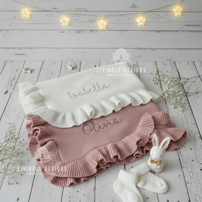 Personalized Embroidered Knit Baby Blanket with Soft Cotton Ruffle Edge
