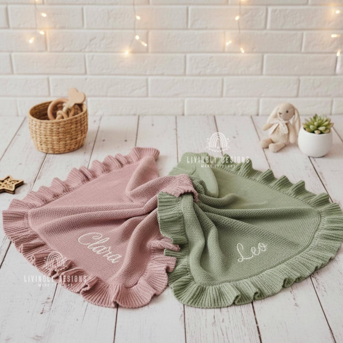 Personalized Embroidered Knit Baby Blanket with Soft Cotton Ruffle Edge